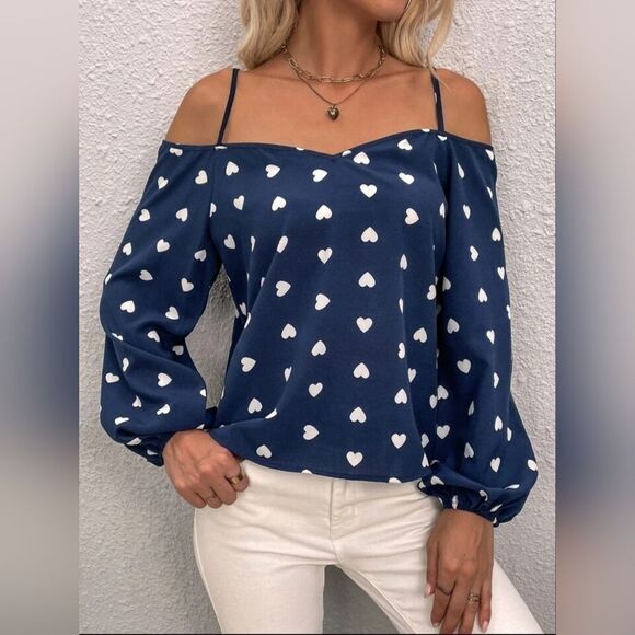 Emery Rose Blue & White Heart Cold Shoulder Blouse (M) - Picture 6 of 11
